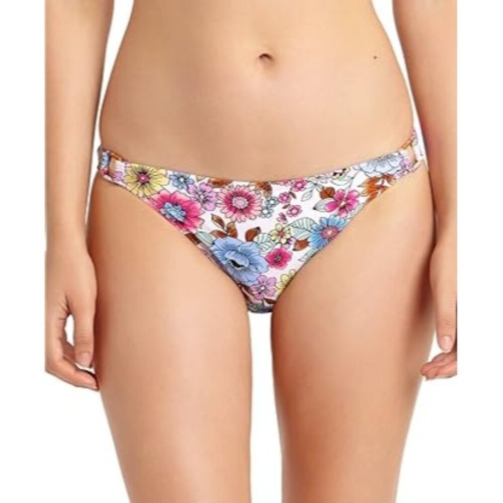 California Waves Women's Swim Bottom Separates Floral Print Ring Detail White XL